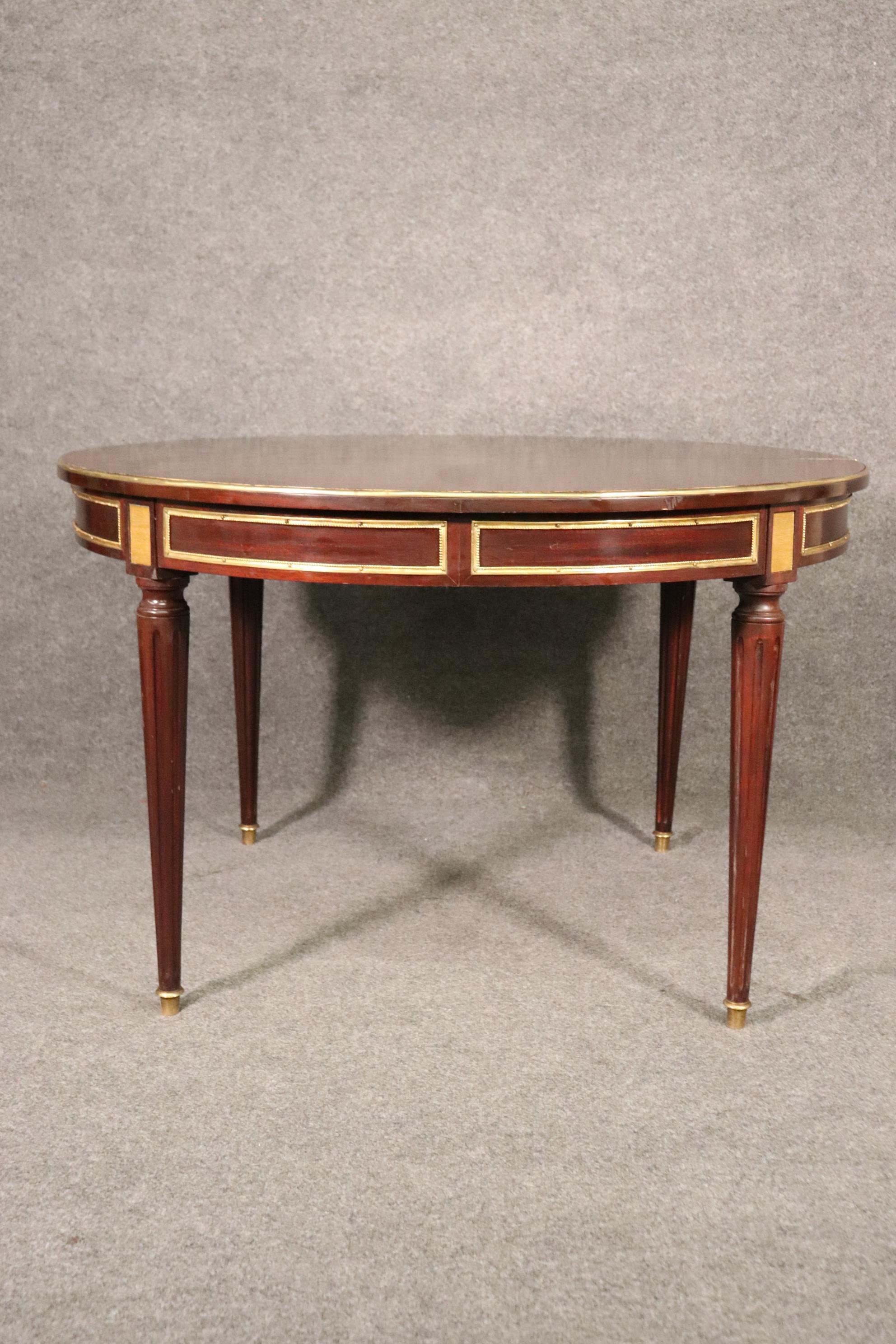 French Round Signed Maison Jansen Brass Mounted Mahogany Louis XVI Dining Table w Leaf