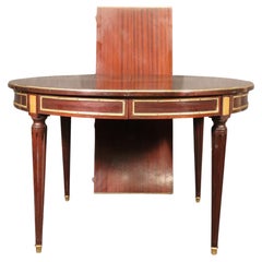 Round Signed Maison Jansen Brass Mounted Mahogany Louis XVI Dining Table w Leaf
