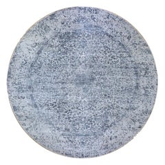 Round Silver-Dark Gray Erased Persian Design Wool and Pure Silk Hand Knotted