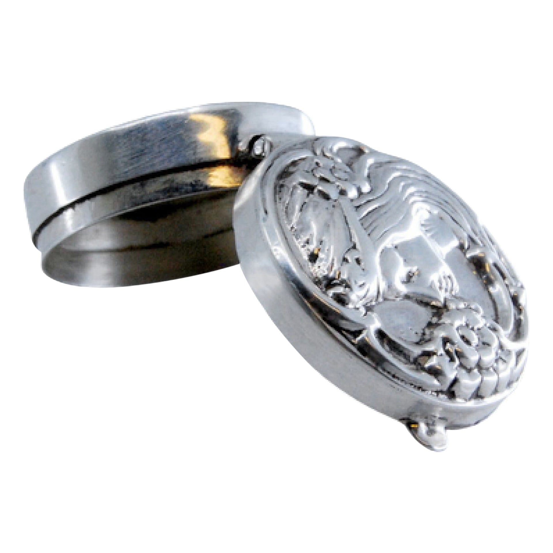 Round silver pill box w/ relief of antique lady kissing flower on the hinged lid For Sale