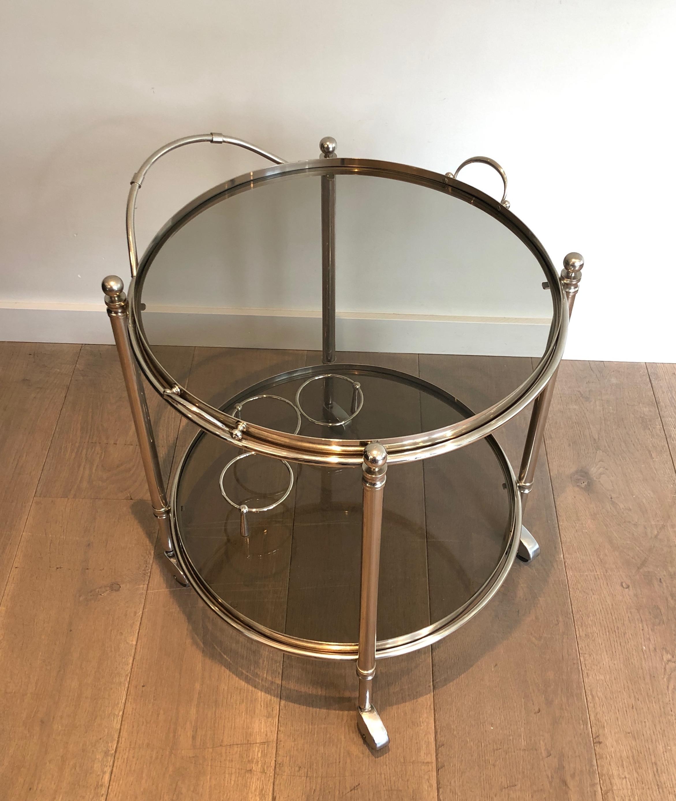 Mid-Century Modern Round Silver Plated Metal Bar Cart with Smoked Glass Trays. French. Circa  For Sale