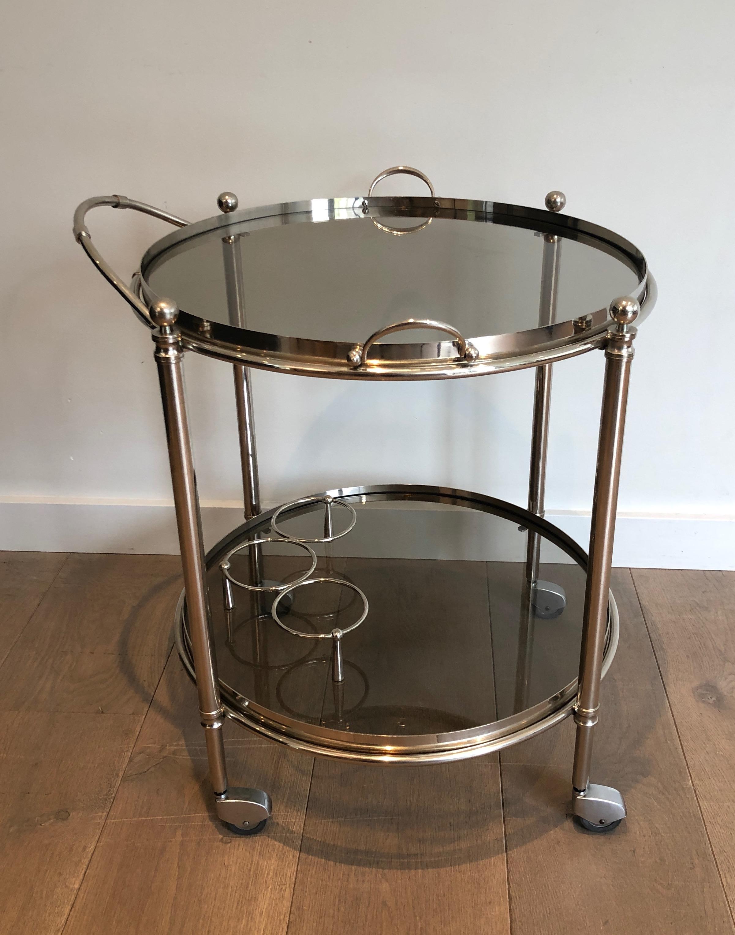 Round Silver Plated Metal Bar Cart with Smoked Glass Trays. French. Circa  In Good Condition For Sale In Marcq-en-Barœul, Hauts-de-France