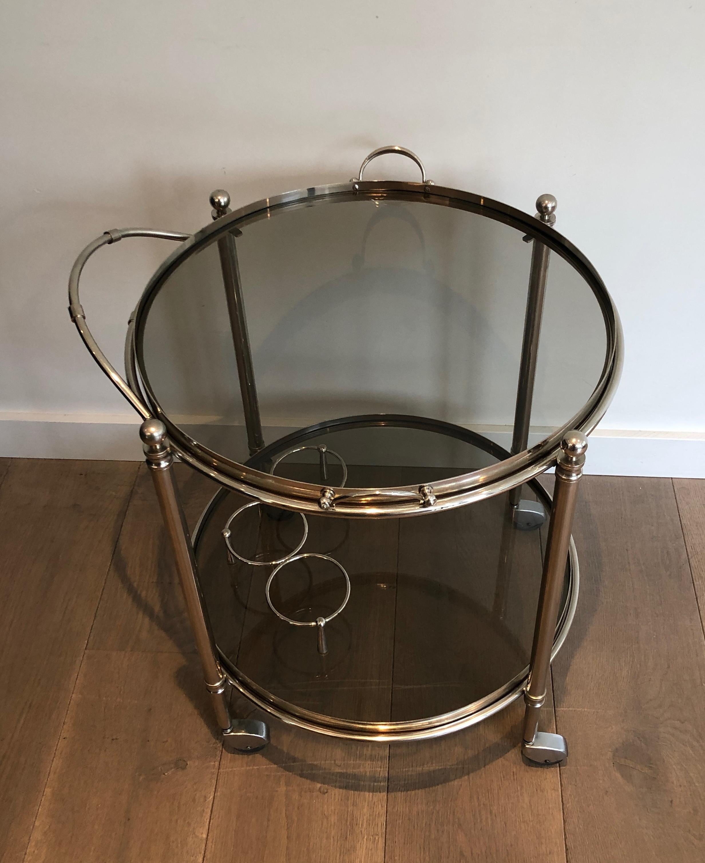 Late 20th Century Round Silver Plated Metal Bar Cart with Smoked Glass Trays. French. Circa  For Sale
