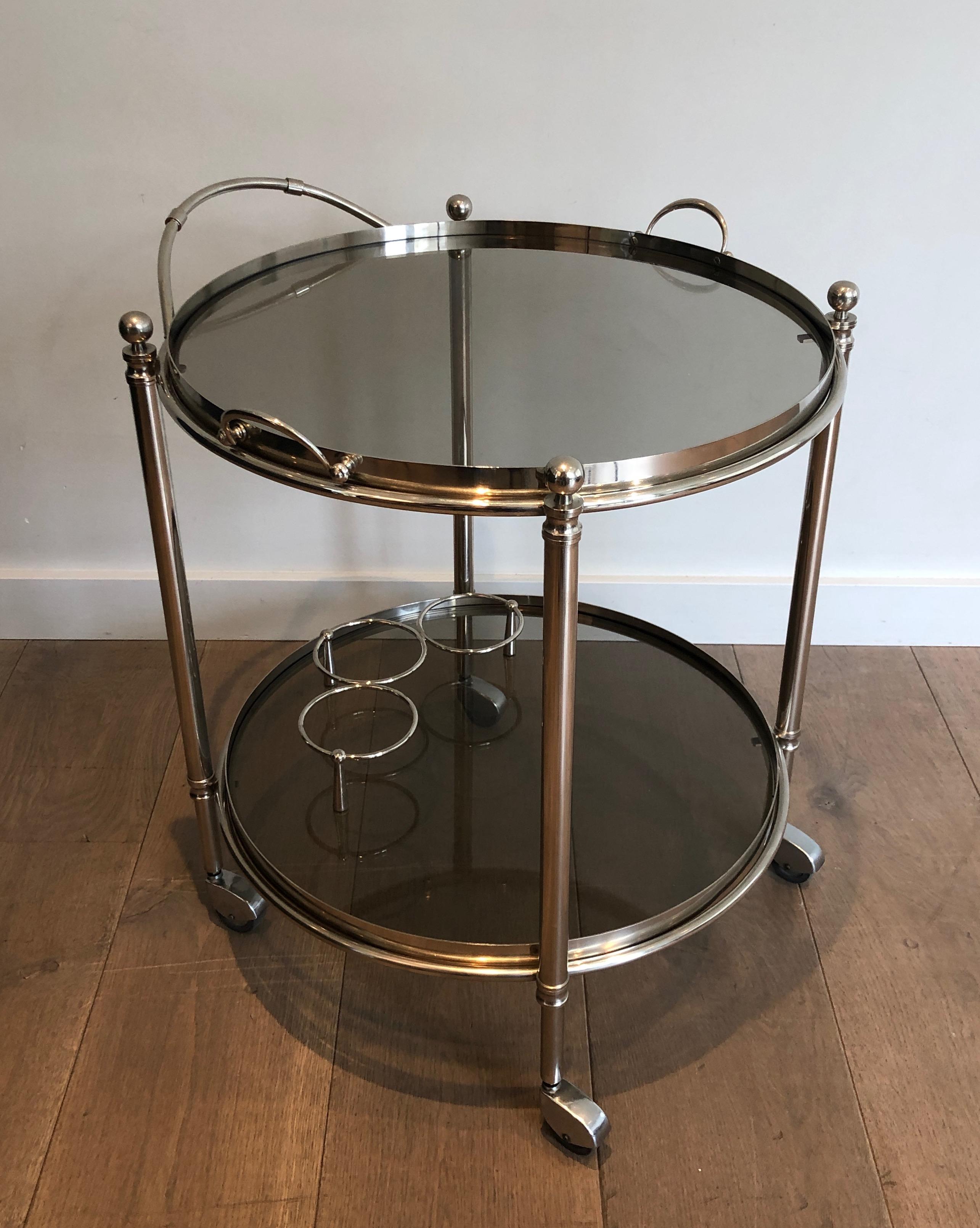 Round Silver Plated Metal Bar Cart with Smoked Glass Trays. French. Circa  For Sale 2