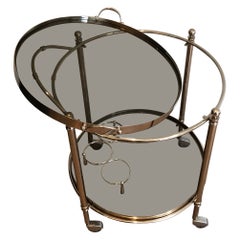 Round Silver Plated Metal Bar Cart with Smoked Glass Trays. French. Circa