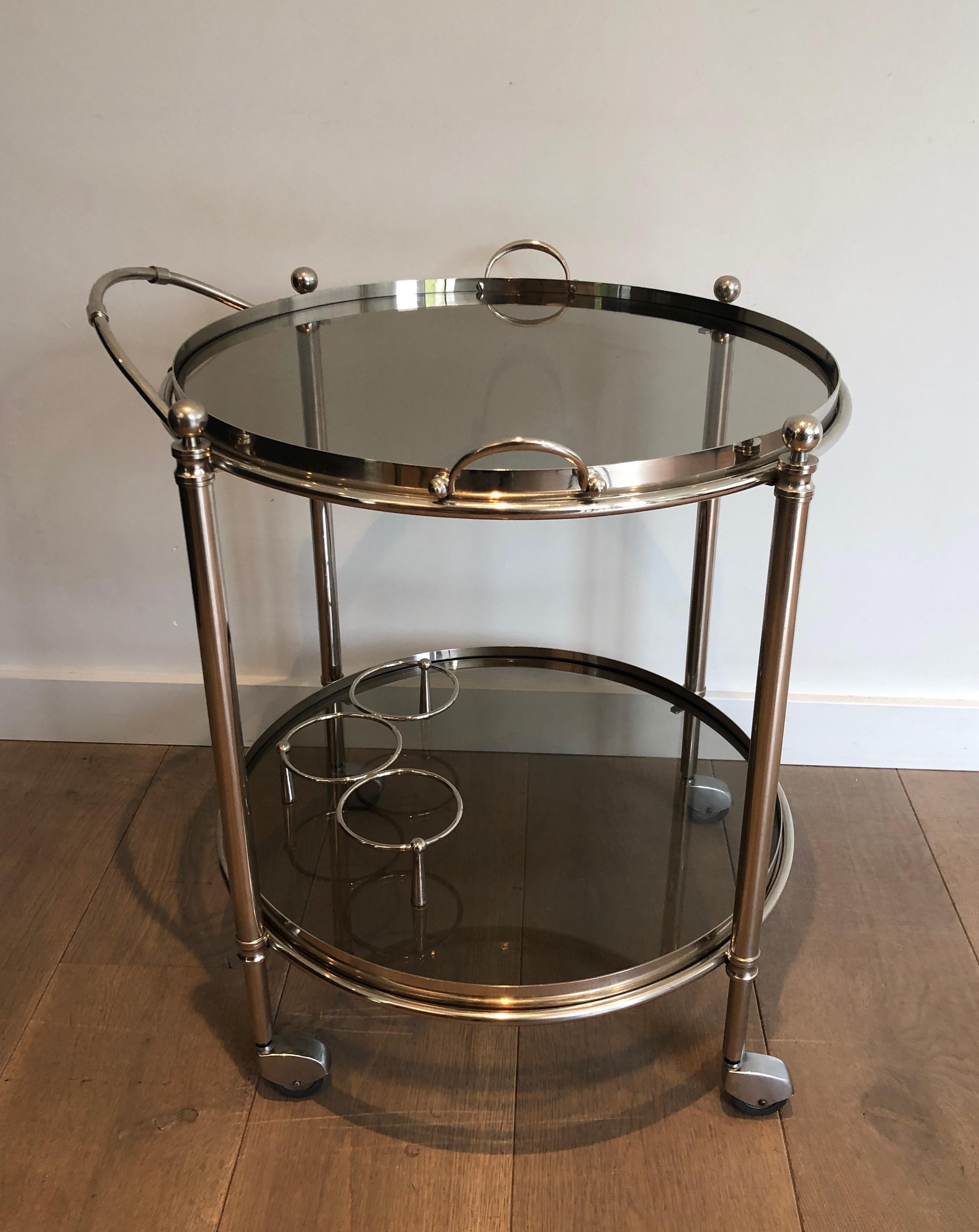 Round Chromed Metal Drinks Trolley. French Work. Circa 1970 In Good Condition For Sale In Marcq-en-Barœul, Hauts-de-France