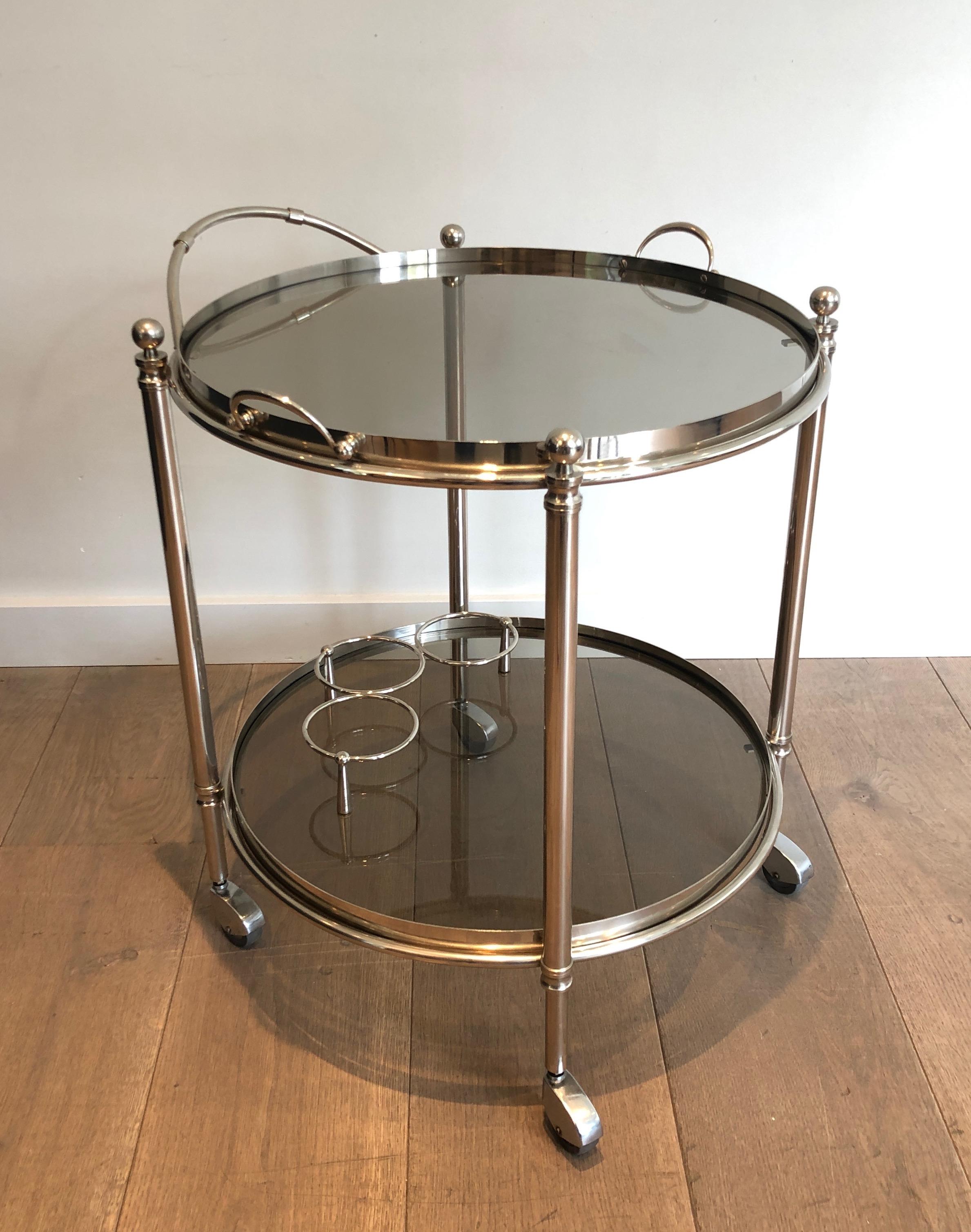 Silver Plate Round Chromed Metal Bar Cart. French Work. Circa 1970