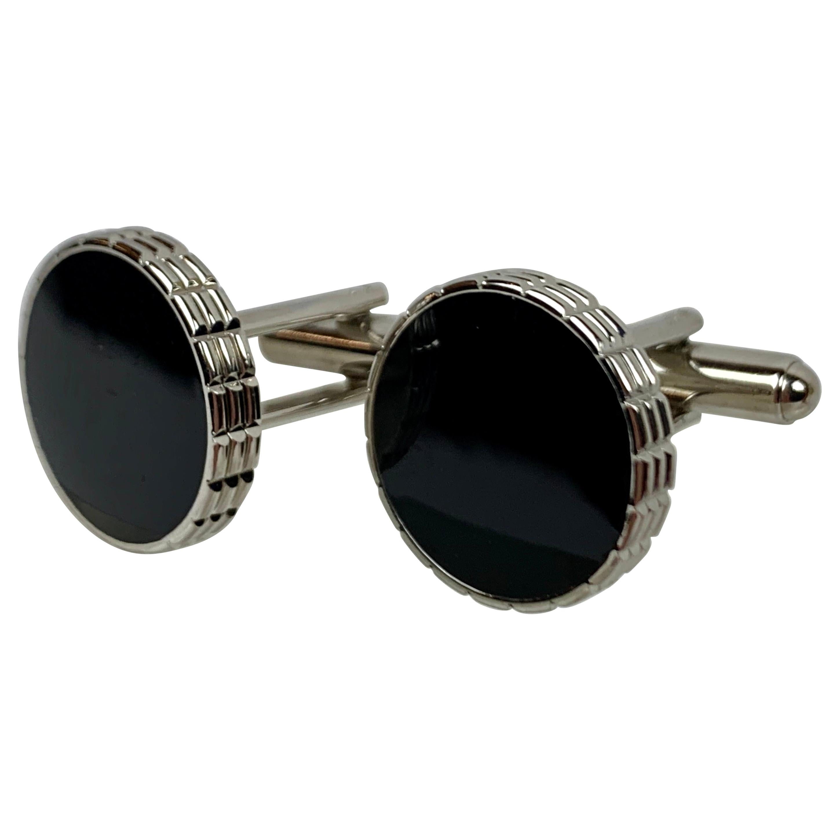 A Pair of Round Cufflinks with Insets of Black Enamel-American, c. 1950's-60's For Sale