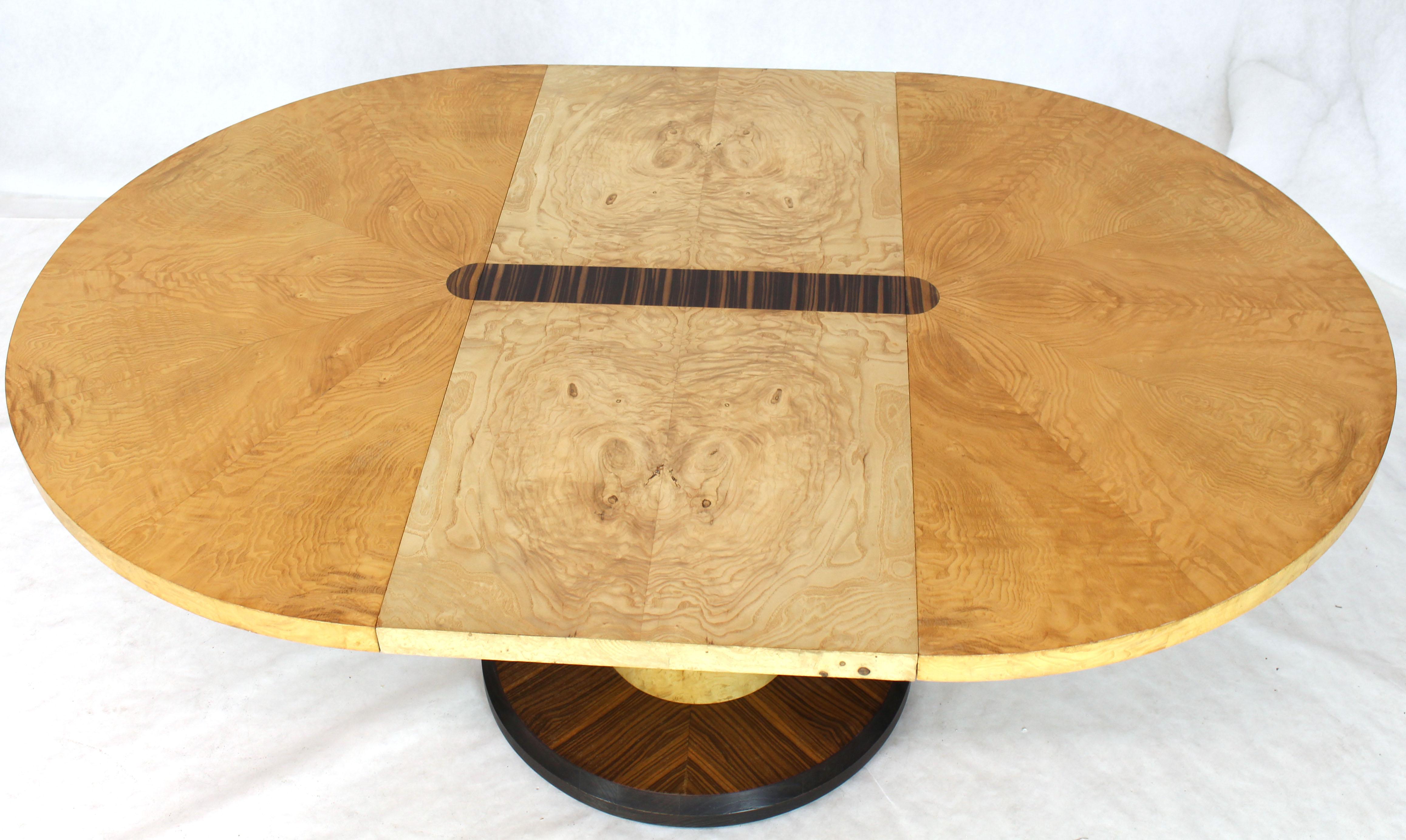 20th Century Round Single Cylinder Pedestal Base Burl Game Low Dining Table 1 Extension