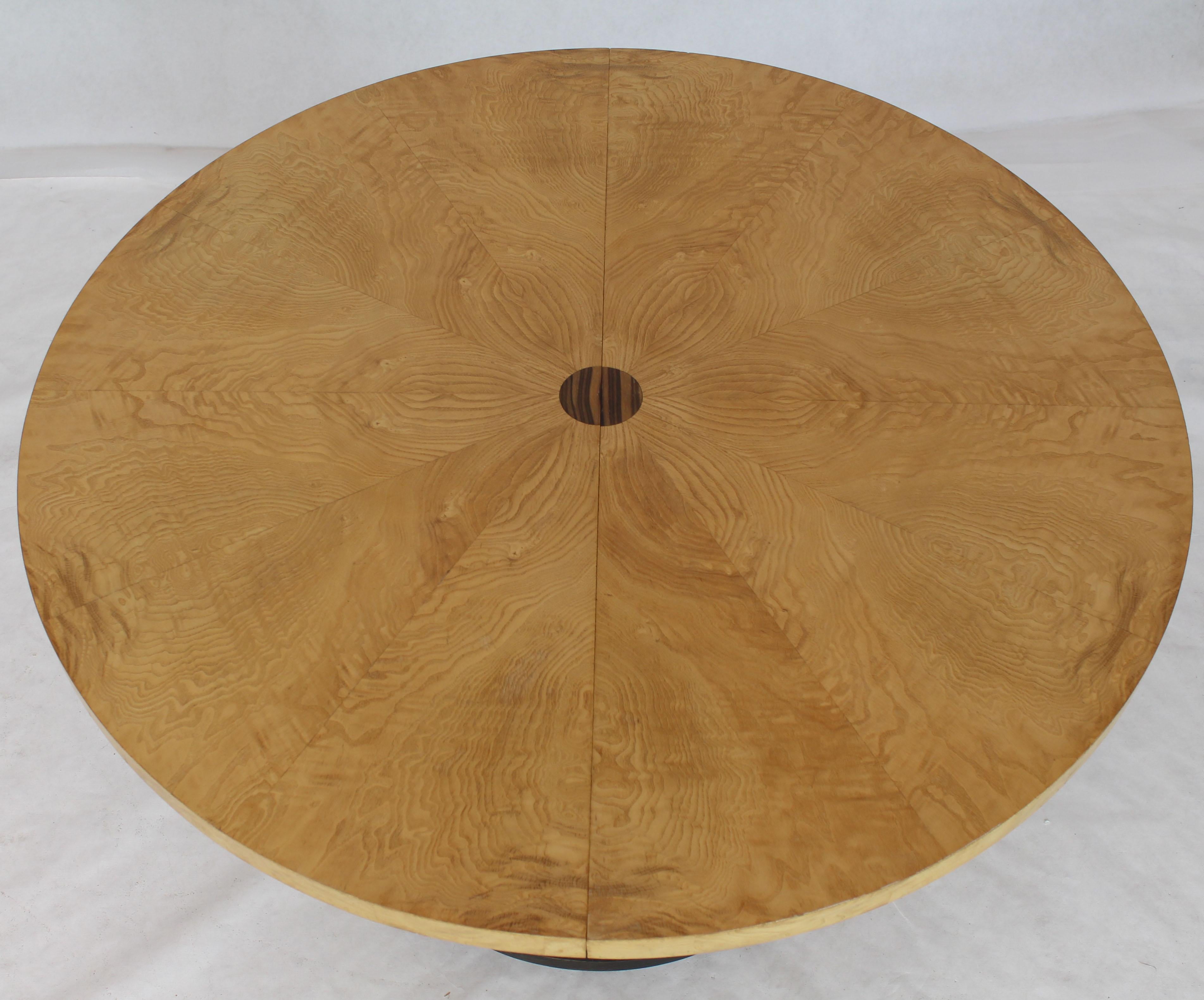 Mid-Century Modern Round Single Cylinder Pedestal Base Burl Game Low Dining Table 1 Extension