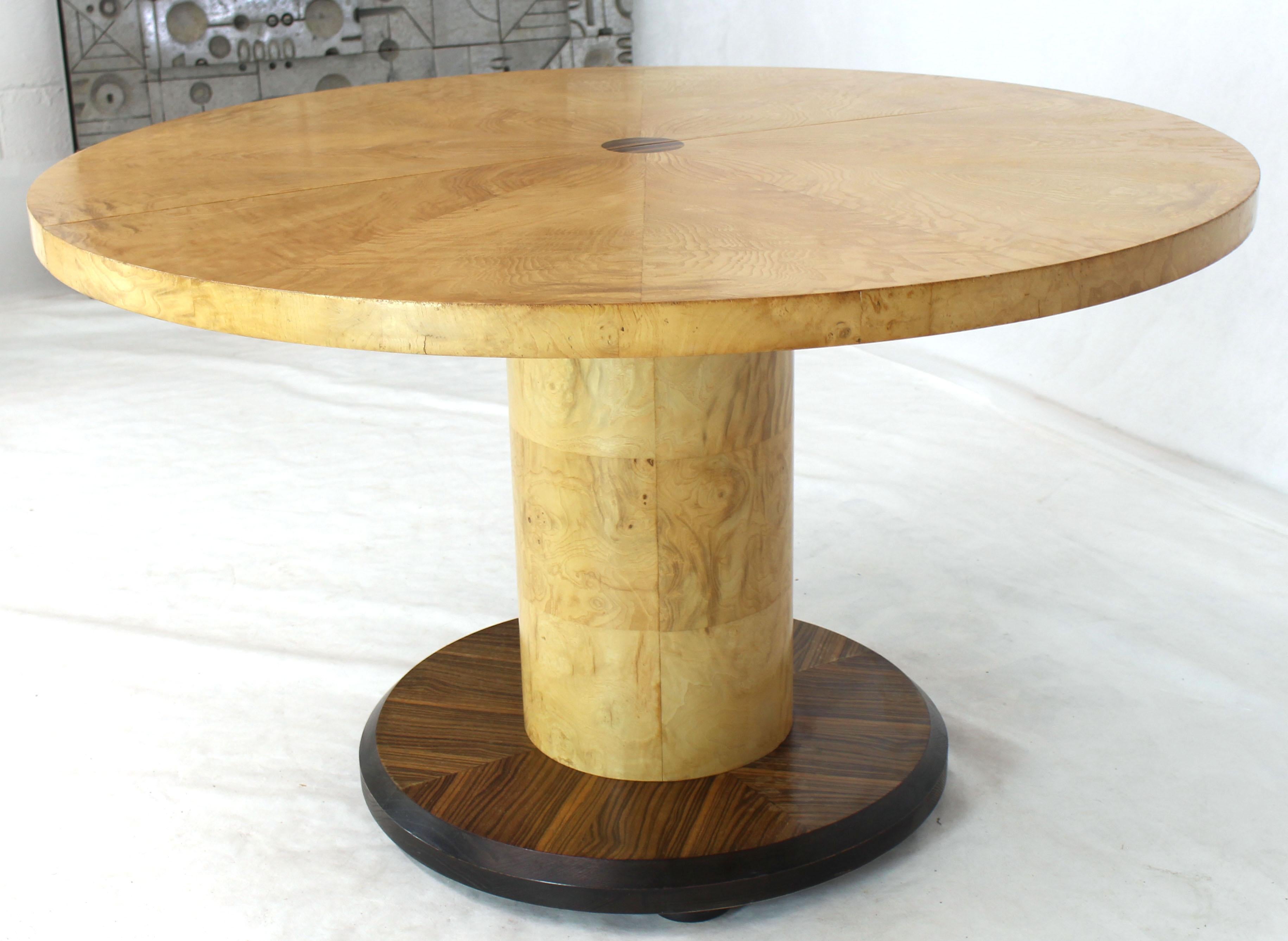 Lacquered Round Single Cylinder Pedestal Base Burl Game Low Dining Table 1 Extension