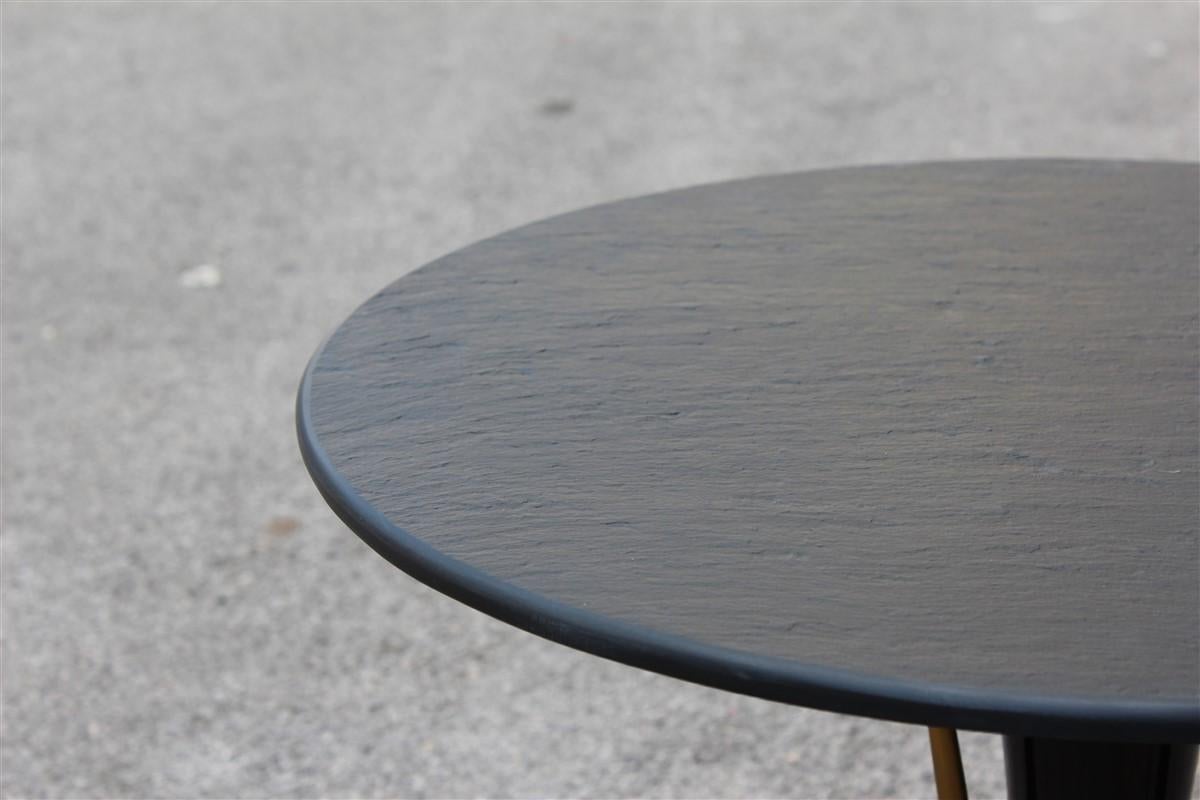 Mid-Century Modern Round Slate Coffee Table in Brass Mahogany Italian Design 1950s Midcentury For Sale