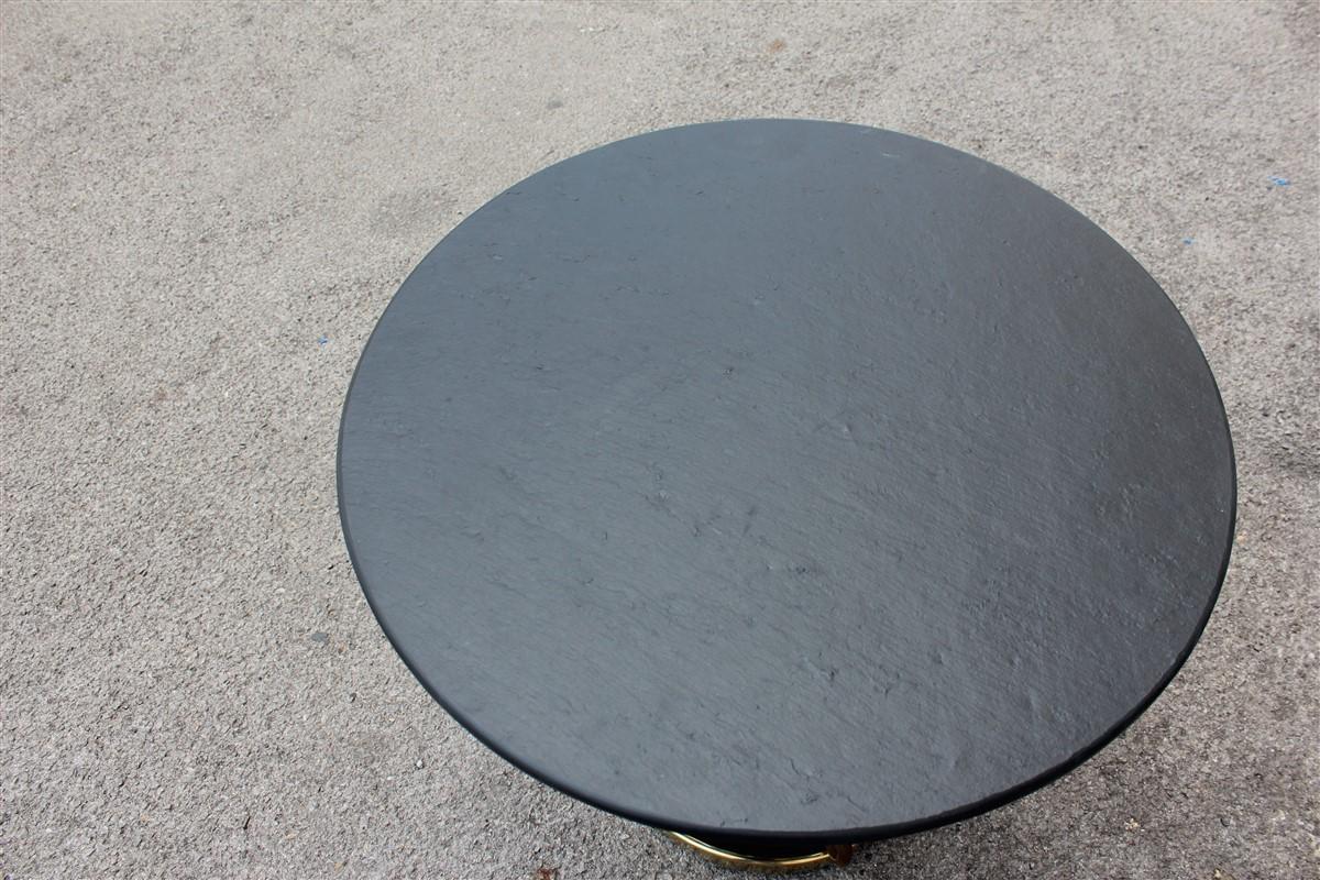 Round Slate Coffee Table in Brass Mahogany Italian Design 1950s Midcentury For Sale 4