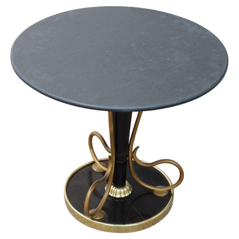 Round Slate Coffee Table in Brass Mahogany Italian Design 1950s Midcentury For Sale