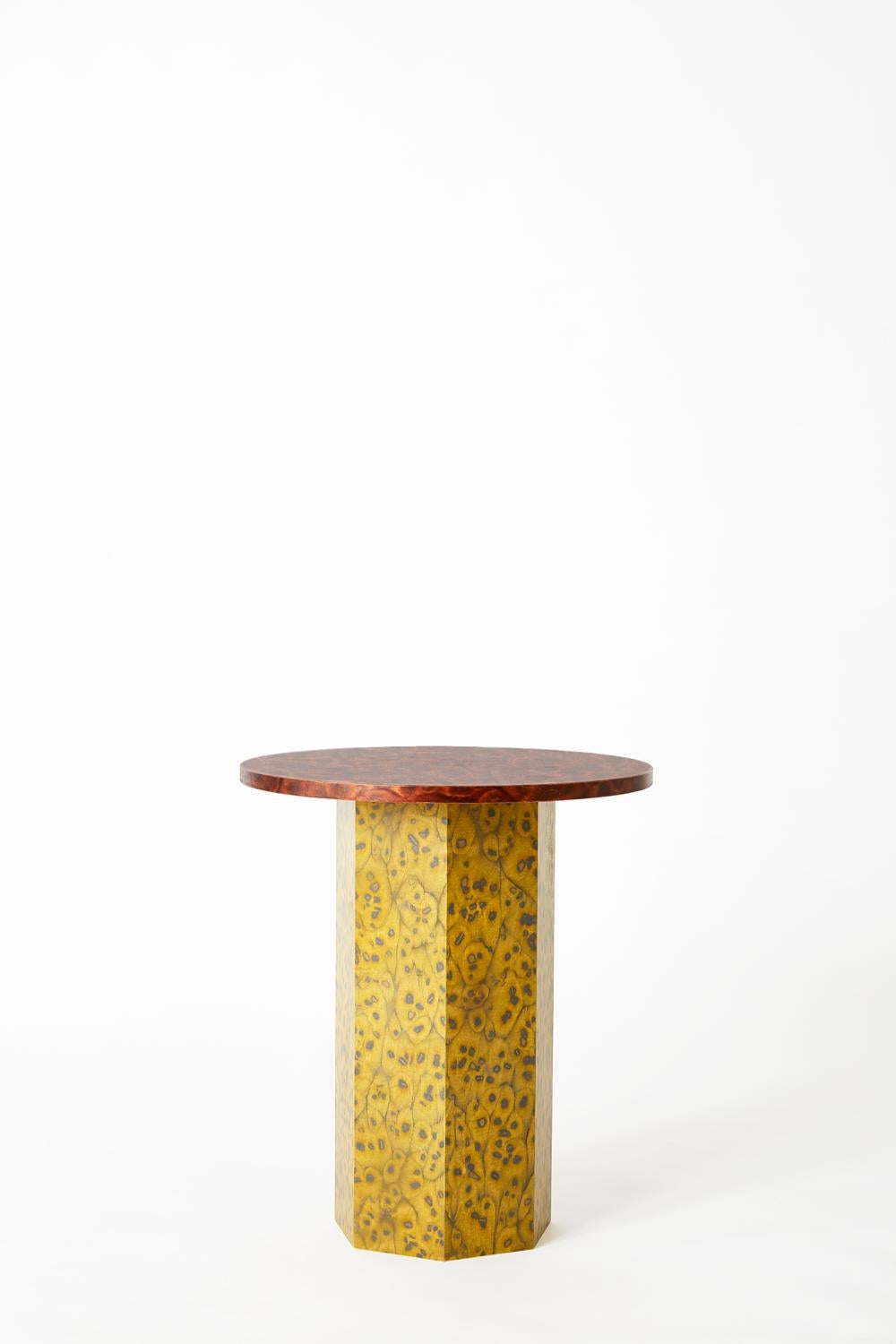 Round Slim Osis Septagon base side table by Llot Llov
Edition 5 
Dimensions: Ø 45 cm x H 52 cm
Materials: core board birch


With OSIS Edition 5 LLOT LLOV is deepening the understanding of the impact of salt and pigment. Colour and surface