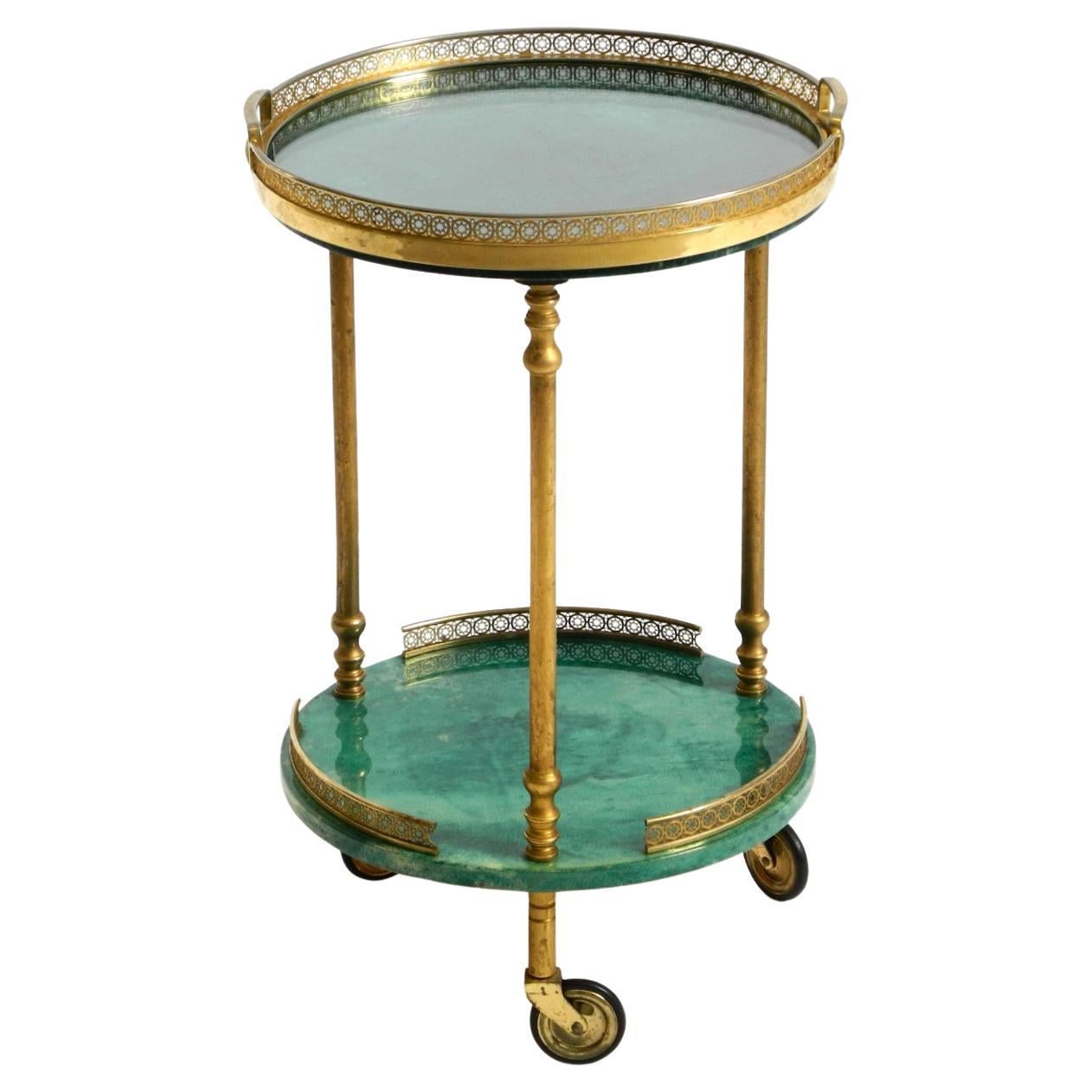 Petit chariot de service ou de bar rond Aldo Tura des années 1960 en cuir de chèvre vert