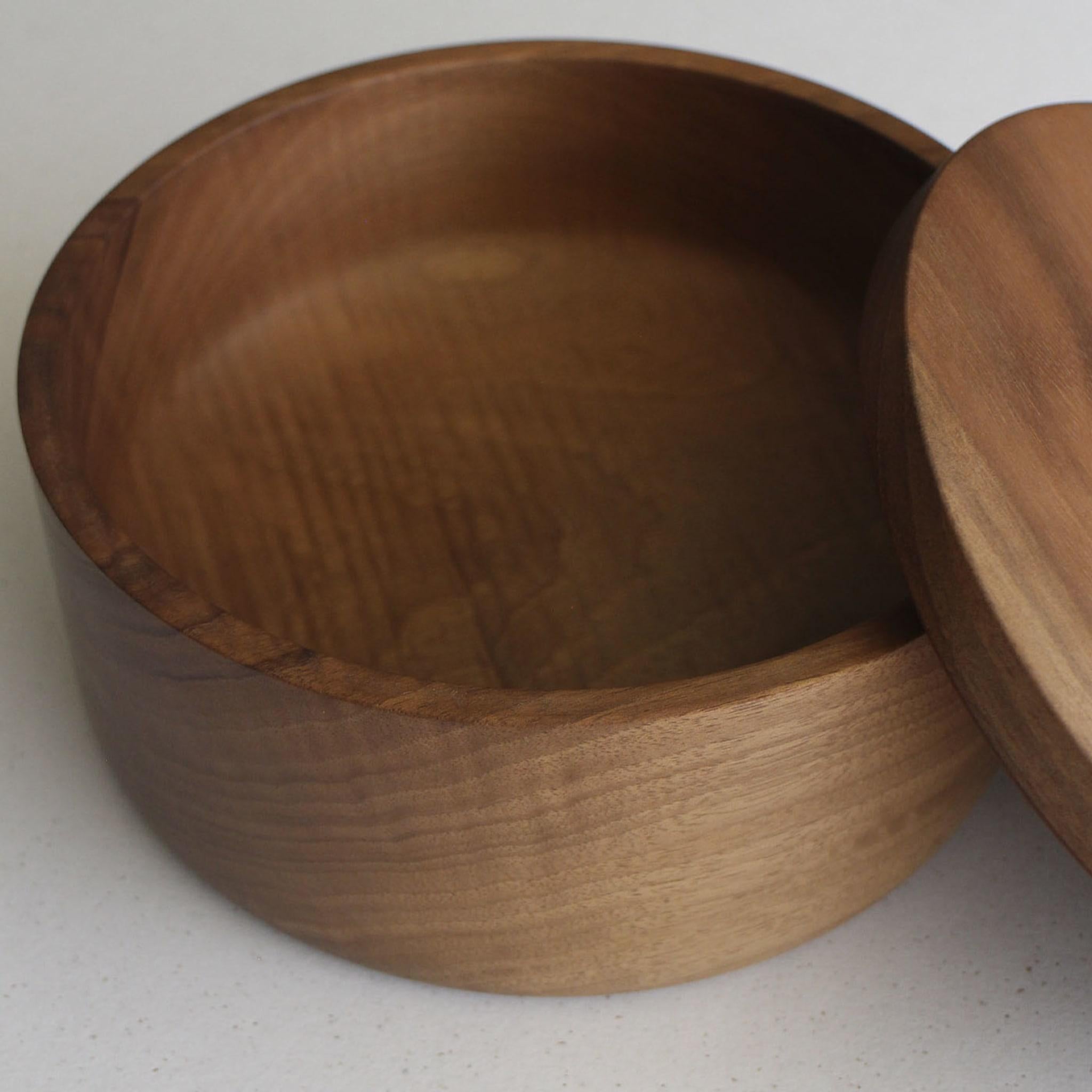 Contemporary Round Small Walnut Box with Flat Lid For Sale