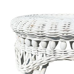 Round Small White Wicker Patio Table or Plant Stand after Heywood-Wakefield