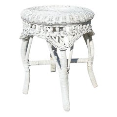 Round Small White Wicker Patio Table or Plant Stand after Heywood-Wakefield