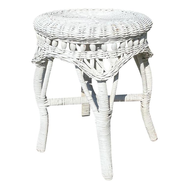 Round Small White Wicker Patio Table or Plant Stand after Heywood