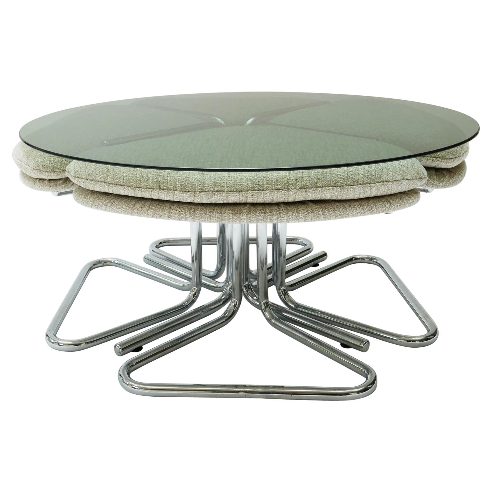 Round Smoked Glass and Chrome Coffee Table with Four Nesting Stools, 1970s