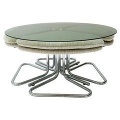 Retro Round Smoked Glass and Chrome Coffee Table with Four Nesting Stools, 1970s