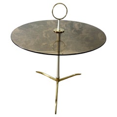 Vintage Round Smoked Glass Coffee Table with Brass Tripod Base, Germany 1960s