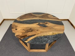 Round Smokey Black Epoxy Resin Conference/Dining Table in Walnut, Made to Order