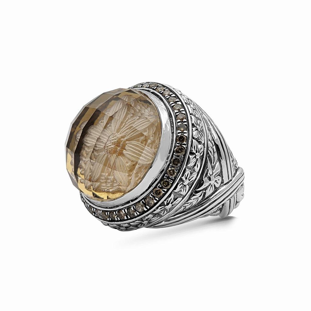 For Sale:  Faceted Rd Smoky Quartz Internally Carved 0.55Cts Cham Dia Sterling Silver Ring 2