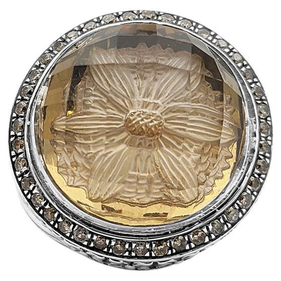 For Sale:  Faceted Rd Smoky Quartz Internally Carved 0.55Cts Cham Dia Sterling Silver Ring