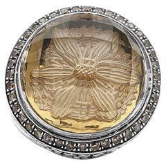 Faceted Rd Smoky Quartz Internally Carved 0.55Cts Cham Dia Sterling Silver Ring