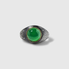 Round Smooth Bright Green Agate Cabochon Dome Ring with Accent Diamonds