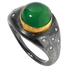 Round Smooth Bright Green Agate Cabochon Dome Ring with Accent Diamonds