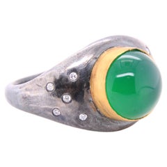 Round Smooth Bright Green Agate Cabochon Dome Ring with Accent Diamonds