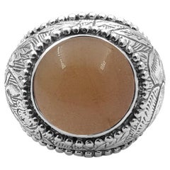 Round Smooth Cabochon Peach Moonstone Ring in Sterling Silver