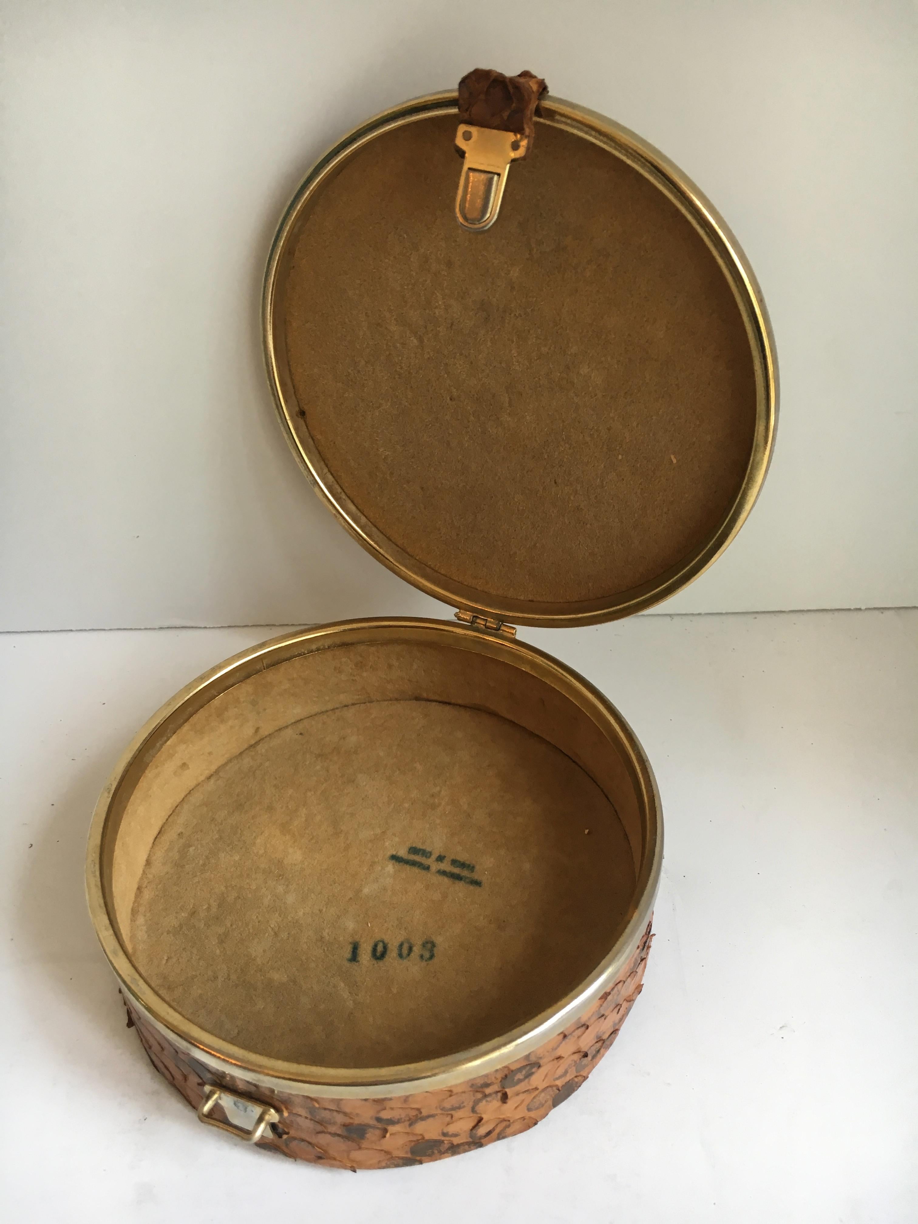 Mid-Century Modern Round Snakeskin Box with Brass Detail and Closure