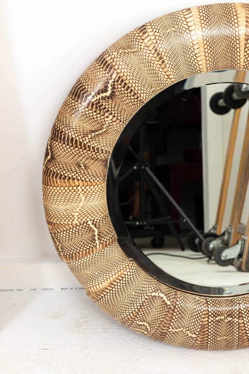 Round Snakeskin Wall Mirror by R and Y Augousti In Good Condition In Stamford, CT