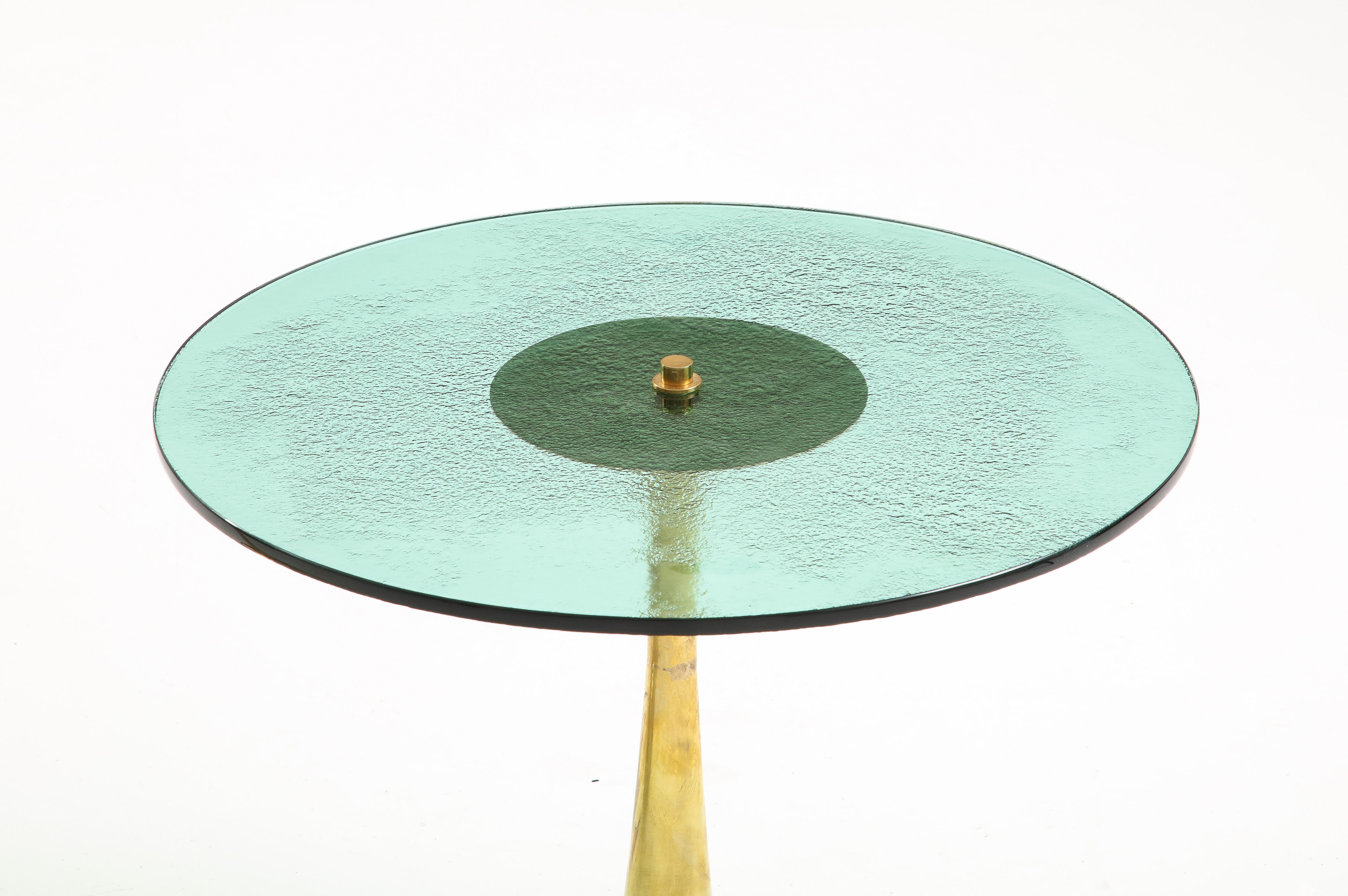 Contemporary Round Soft Green Murano Glass and Brass Martini or Side Table, Italy, 20.75