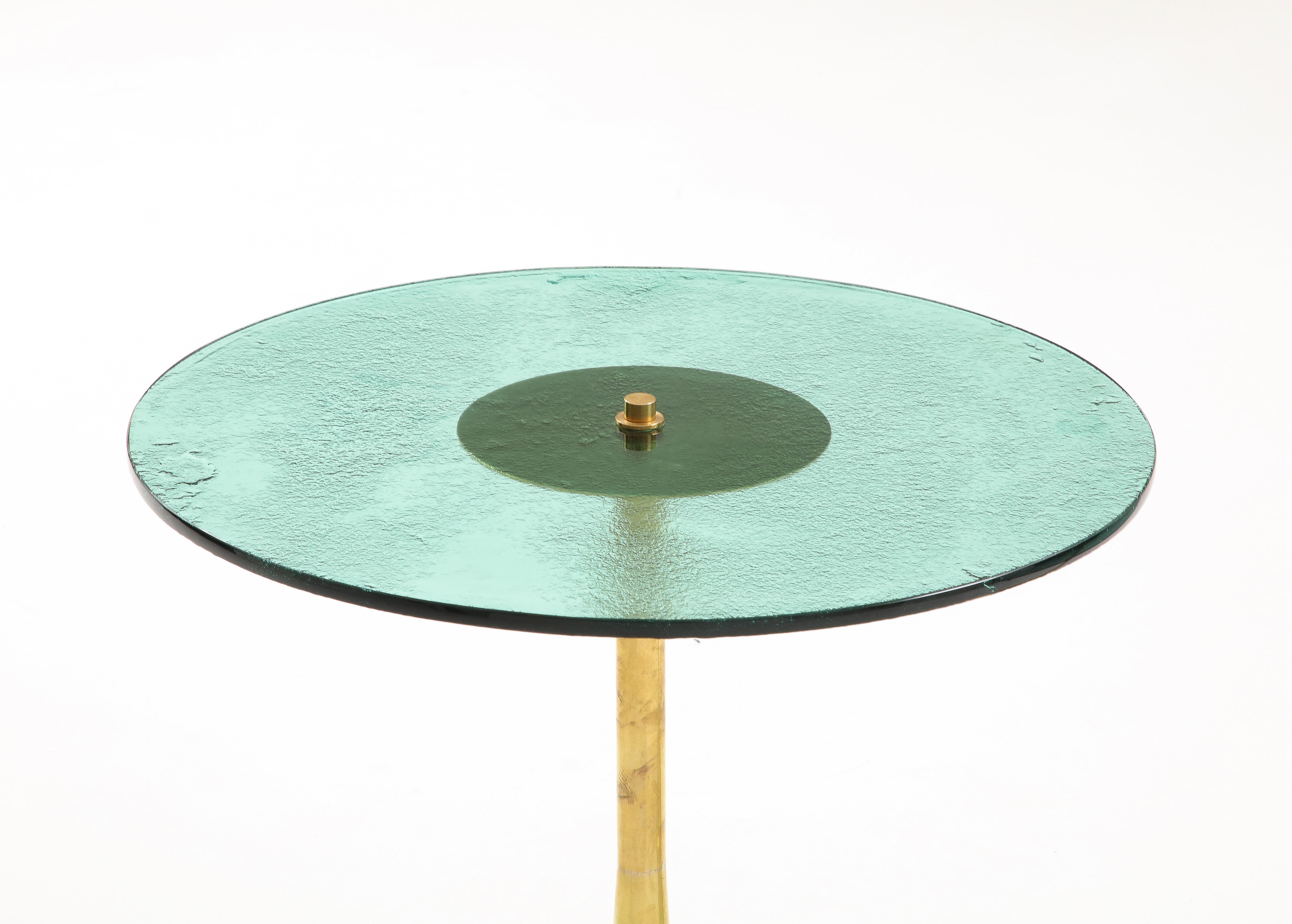 Italian Round Soft Green Murano Glass and Brass Martini or Side Table, Italy, 24.75