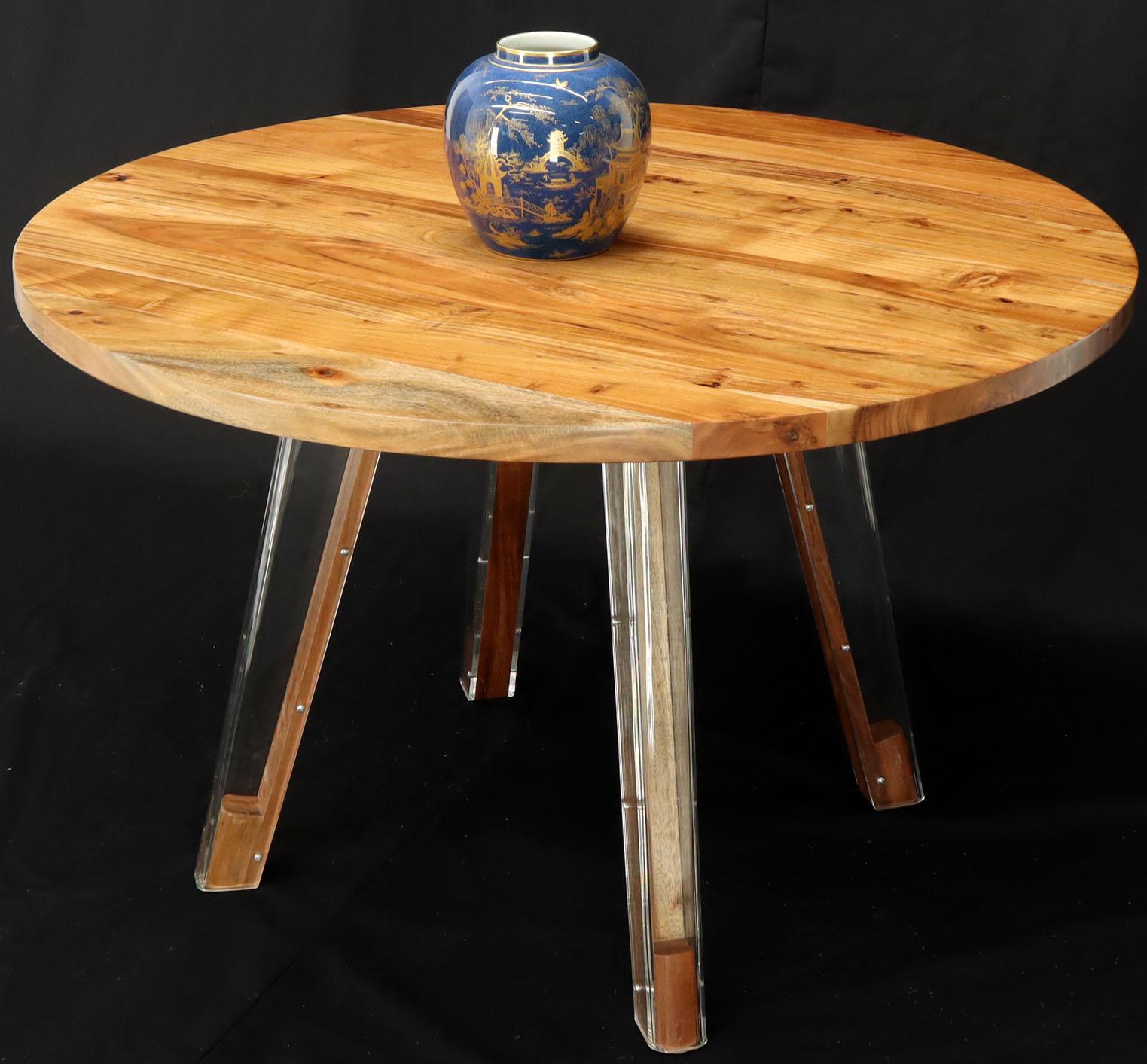 Round Solid Thick Oiled Teak Top Lucite Legs Dining Table For Sale 3