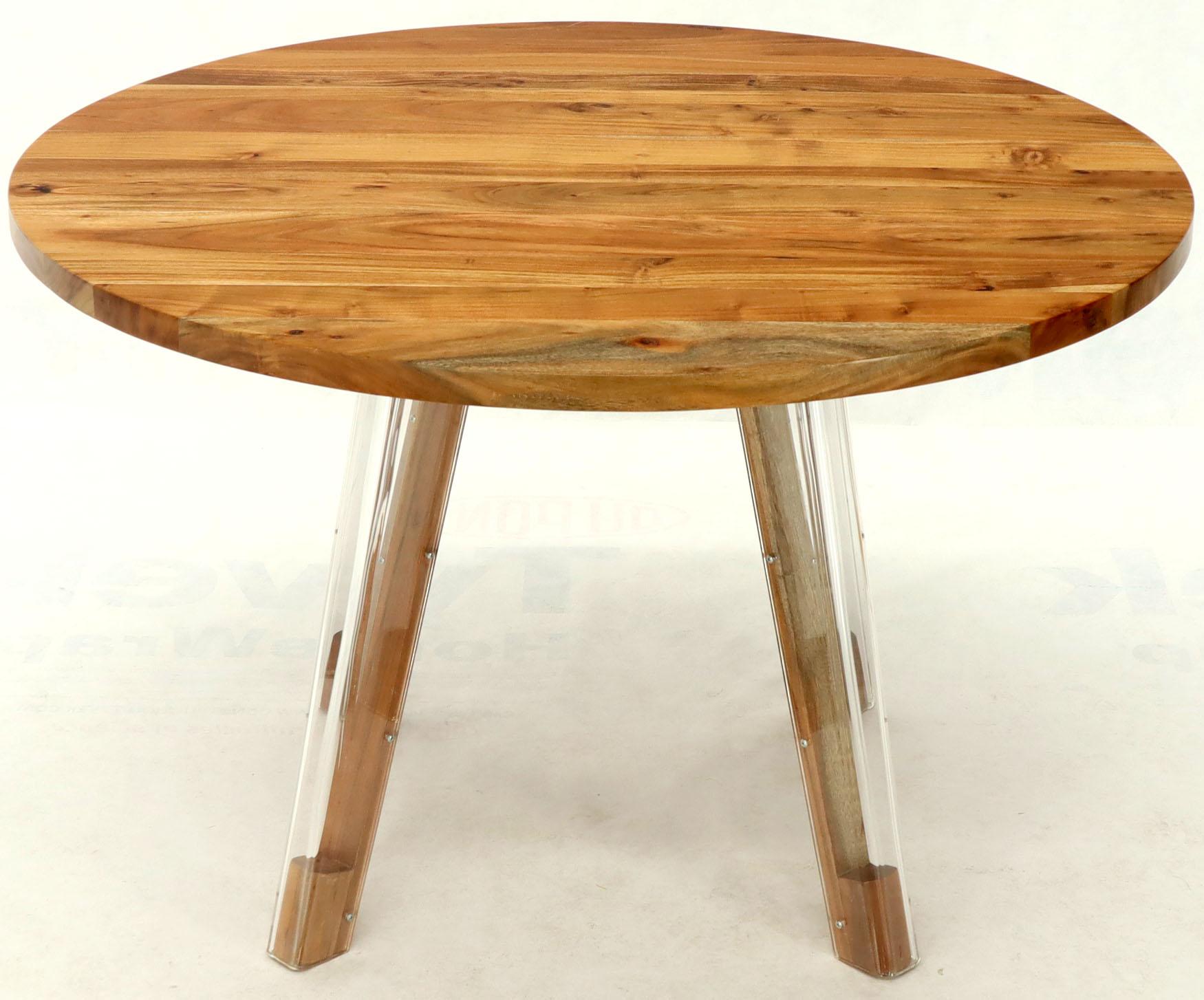 Round Solid Thick Oiled Teak Top Lucite Legs Dining Table For Sale 4