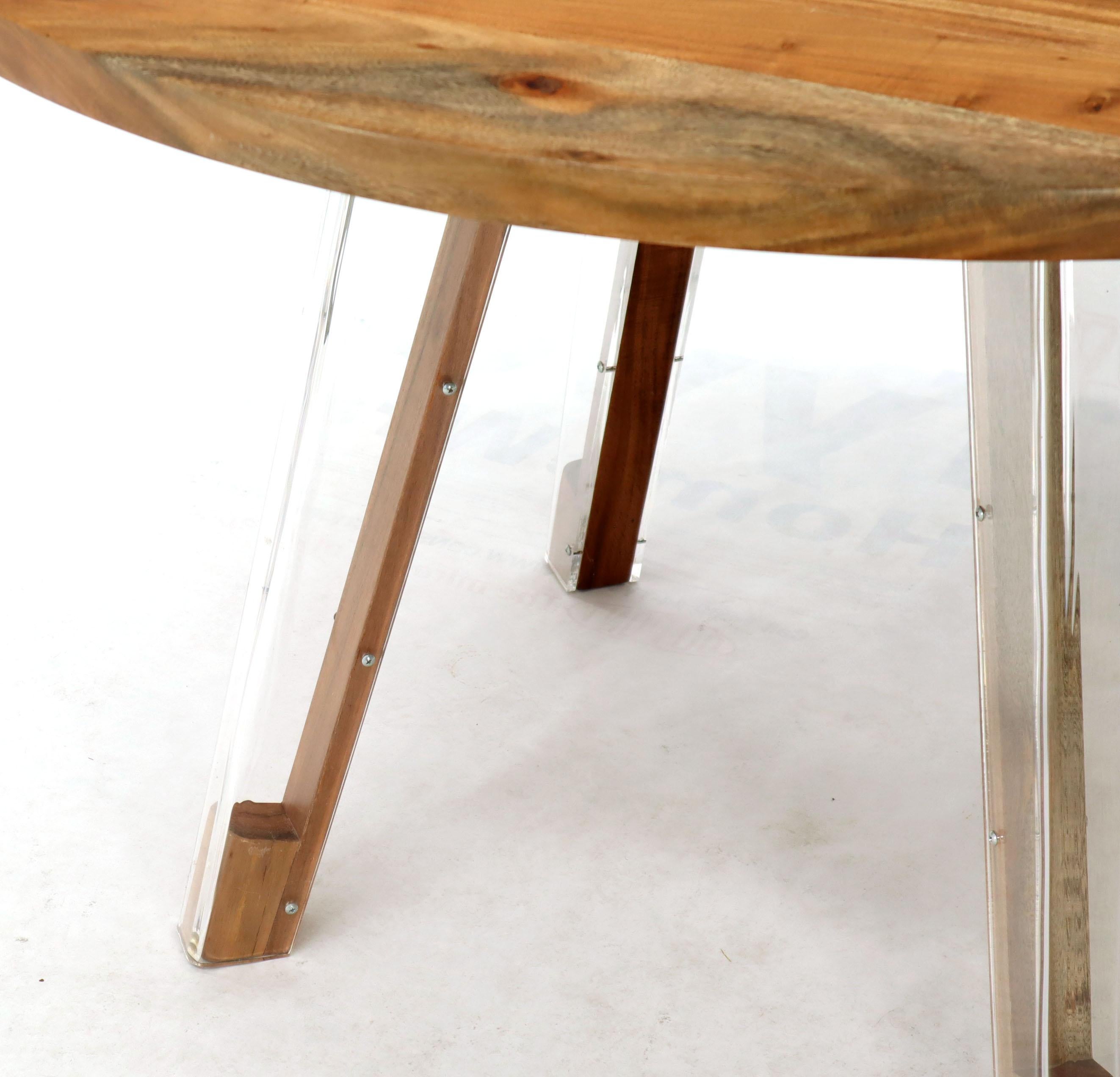 Round Solid Thick Oiled Teak Top Lucite Legs Dining Table For Sale 5