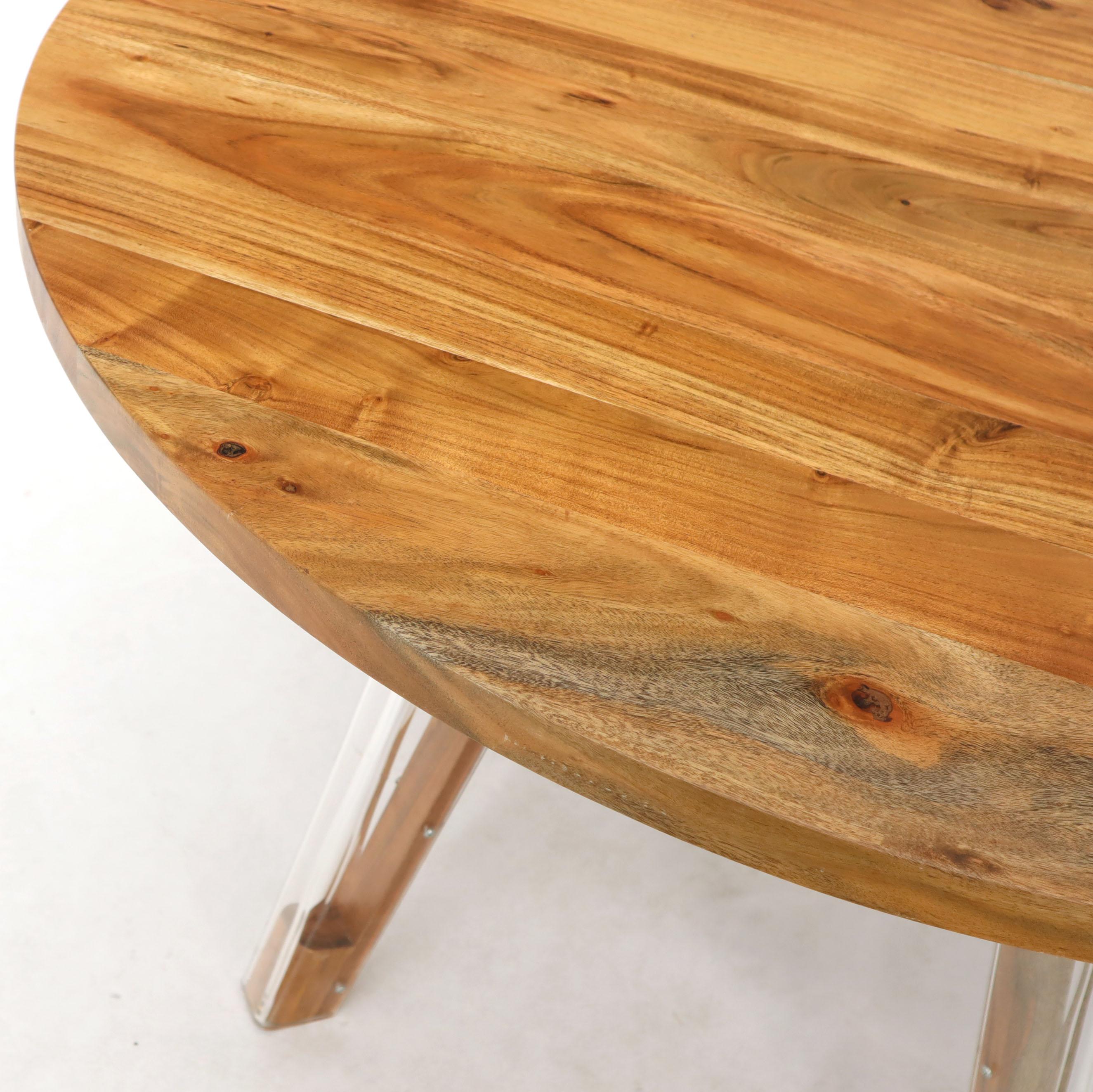 Round Solid Thick Oiled Teak Top Lucite Legs Dining Table For Sale 7