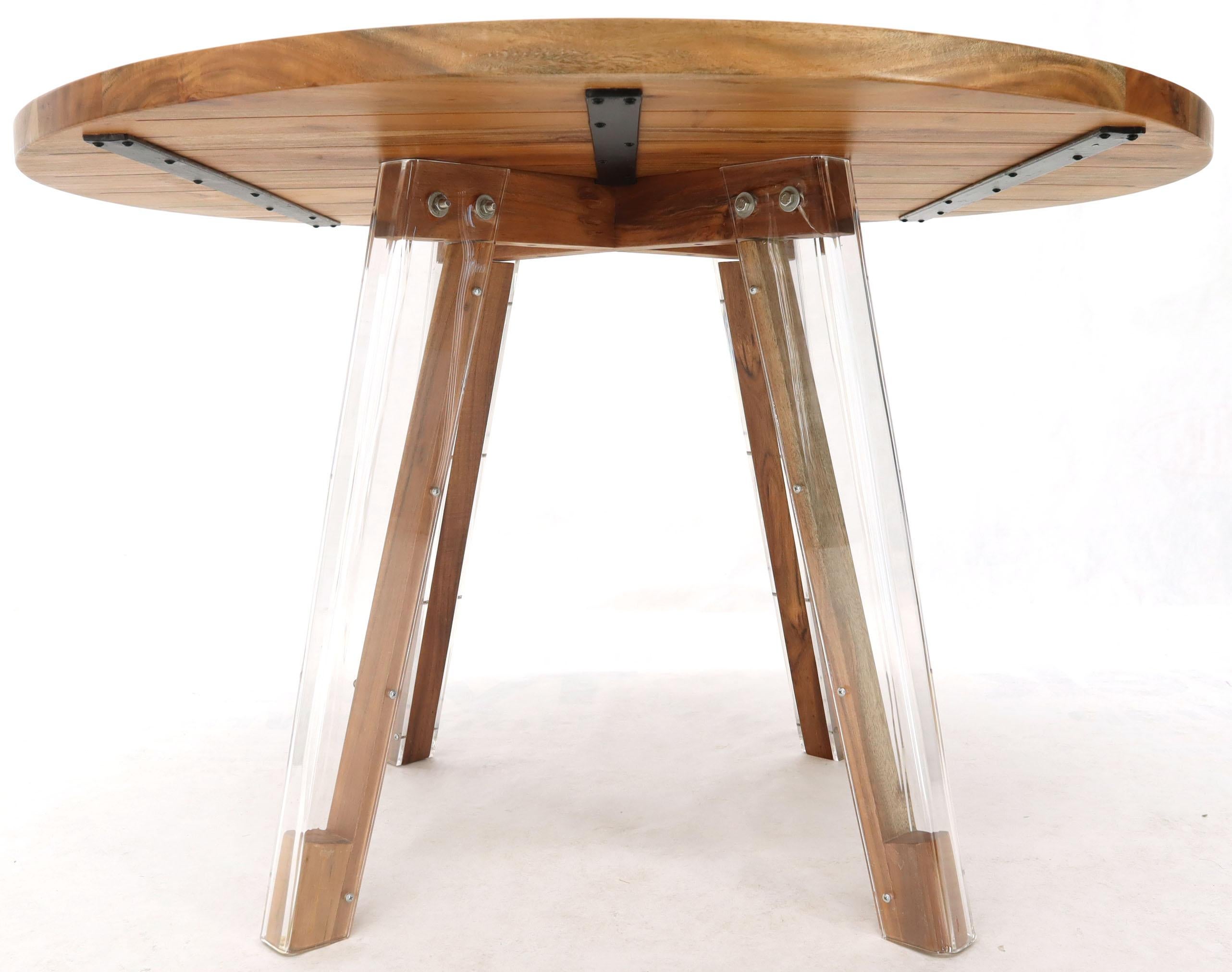 Round Solid Thick Oiled Teak Top Lucite Legs Dining Table For Sale 8