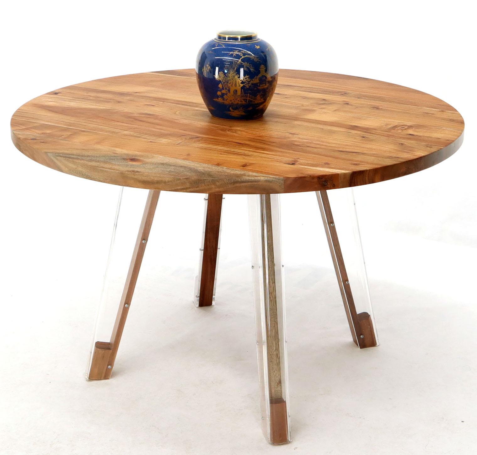 Mid-Century Modern Round Solid Thick Oiled Teak Top Lucite Legs Dining Table For Sale