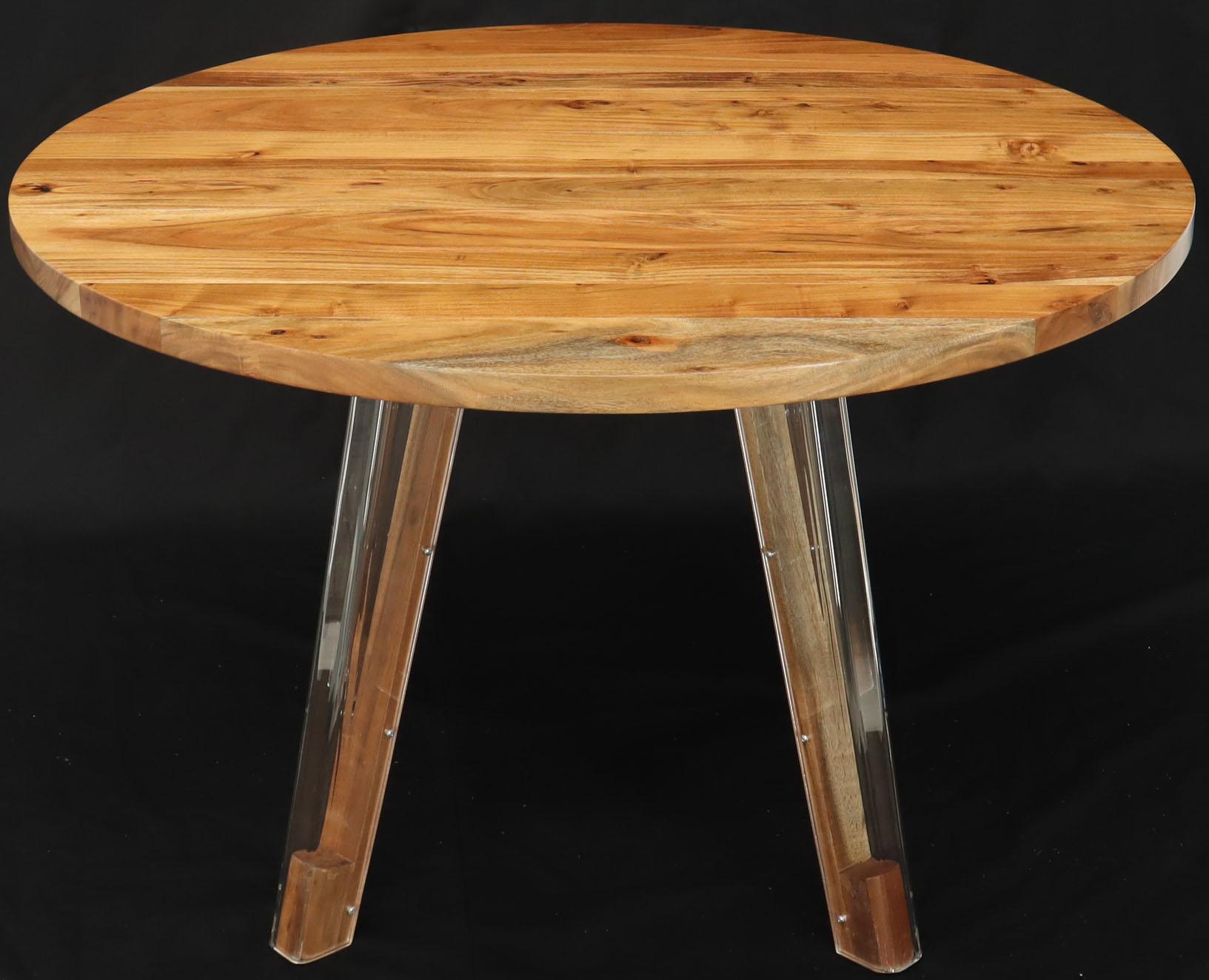 Unknown Round Solid Thick Oiled Teak Top Lucite Legs Dining Table For Sale
