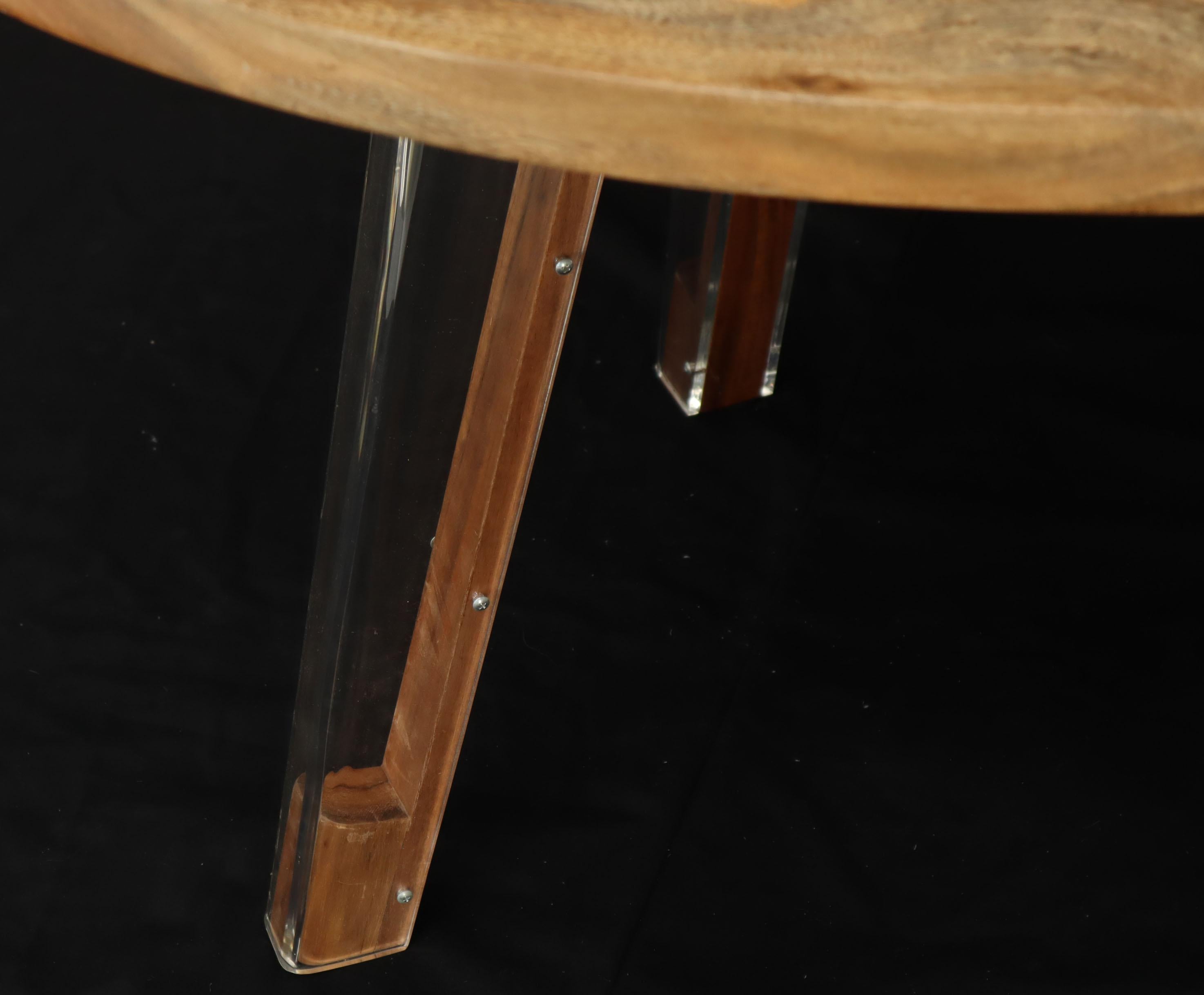 Varnished Round Solid Thick Oiled Teak Top Lucite Legs Dining Table For Sale