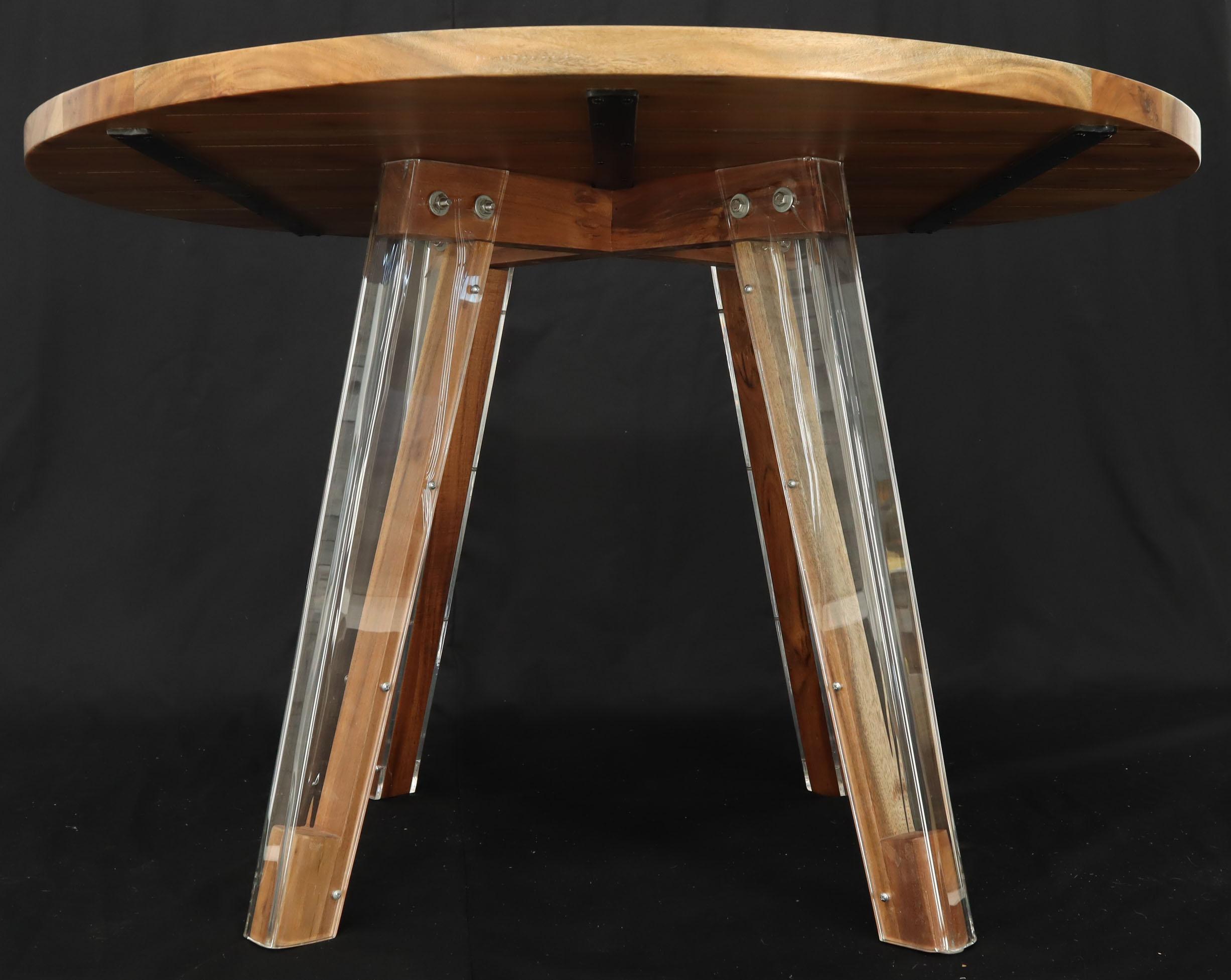 Round Solid Thick Oiled Teak Top Lucite Legs Dining Table For Sale 1