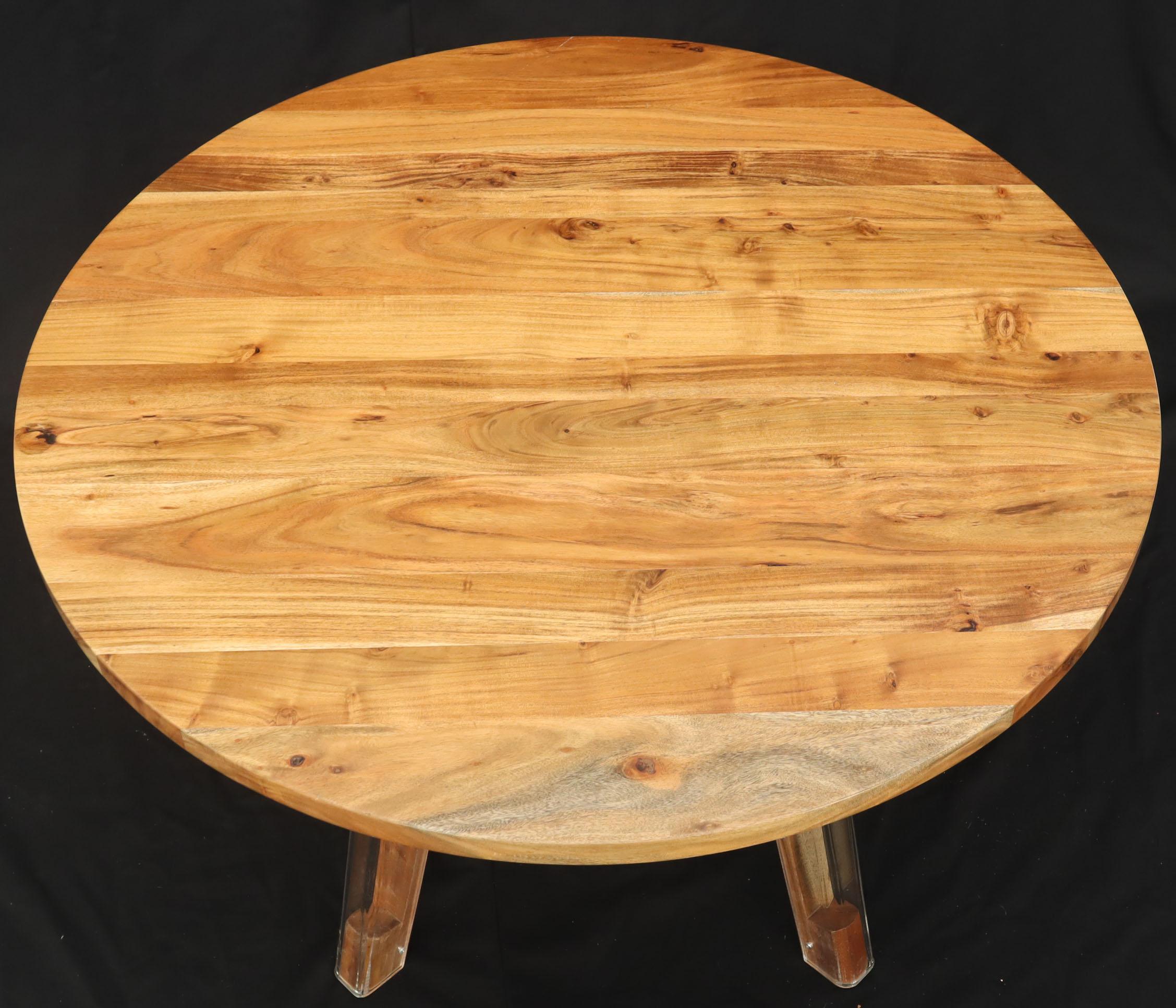 Round Solid Thick Oiled Teak Top Lucite Legs Dining Table For Sale 2