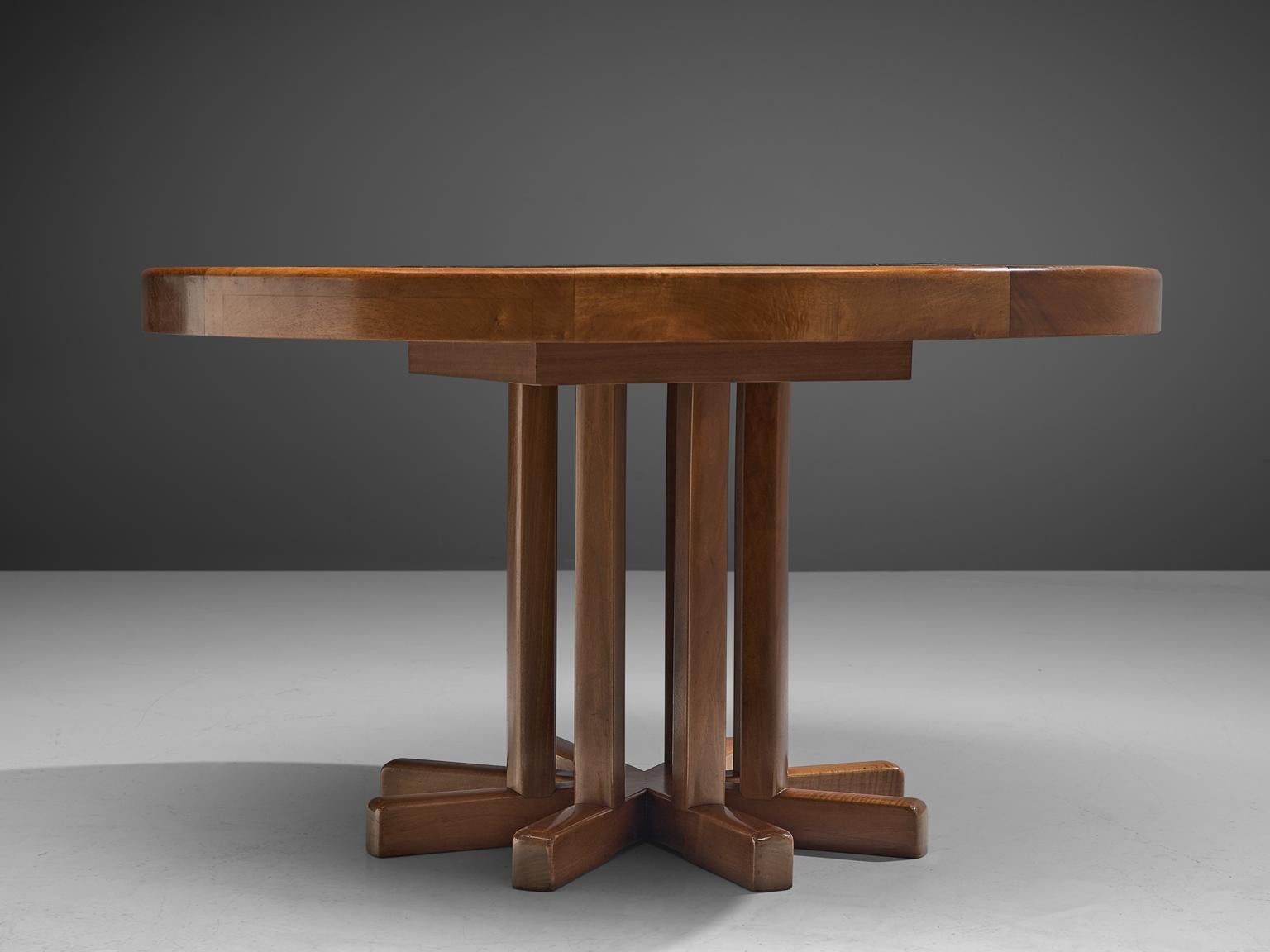 Mid-Century Modern Round Solid Elm Dining Table with Slate Inlay, 1970s